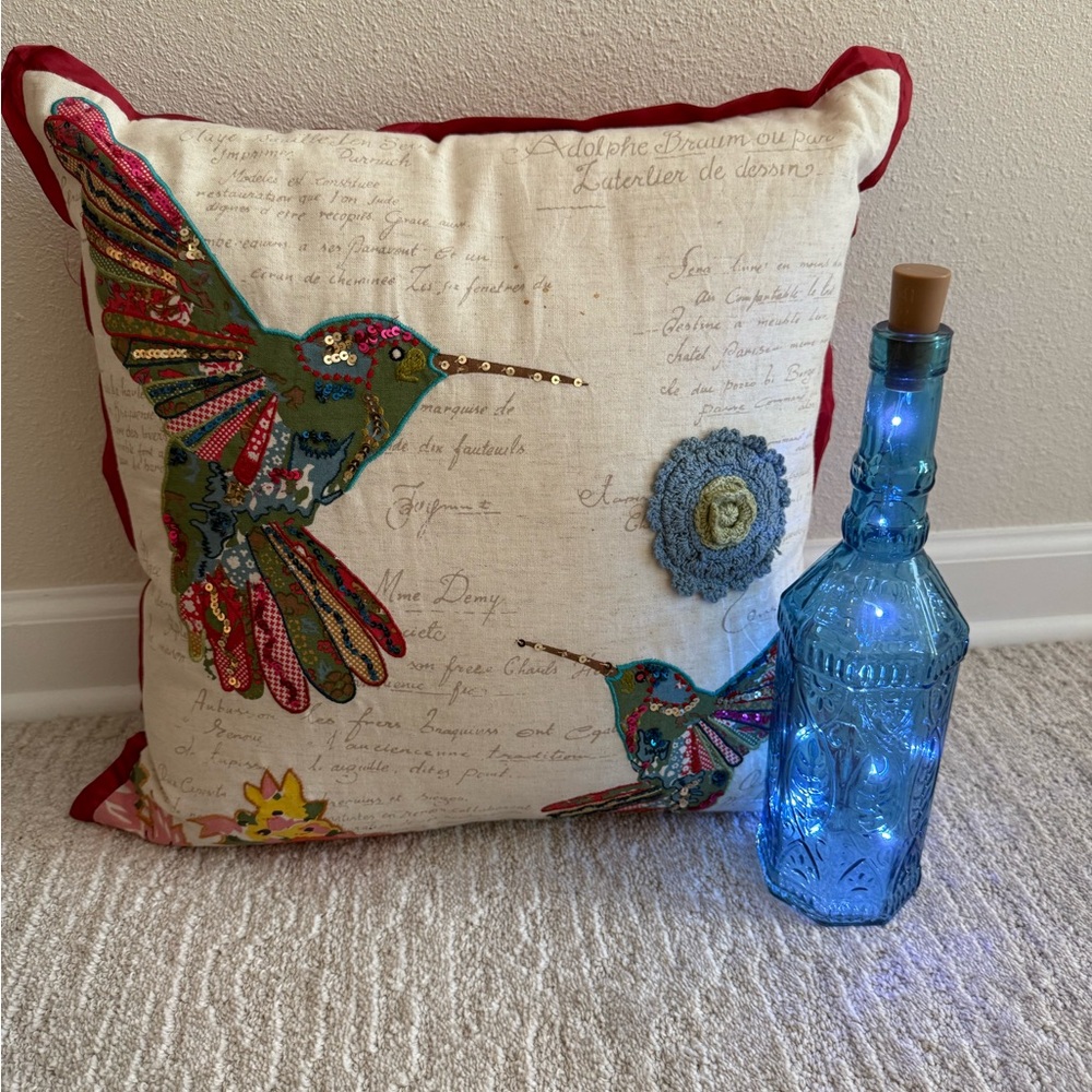 Pier 1 Multicolor Hummingbird Pillow with Blue Decorative Bottle